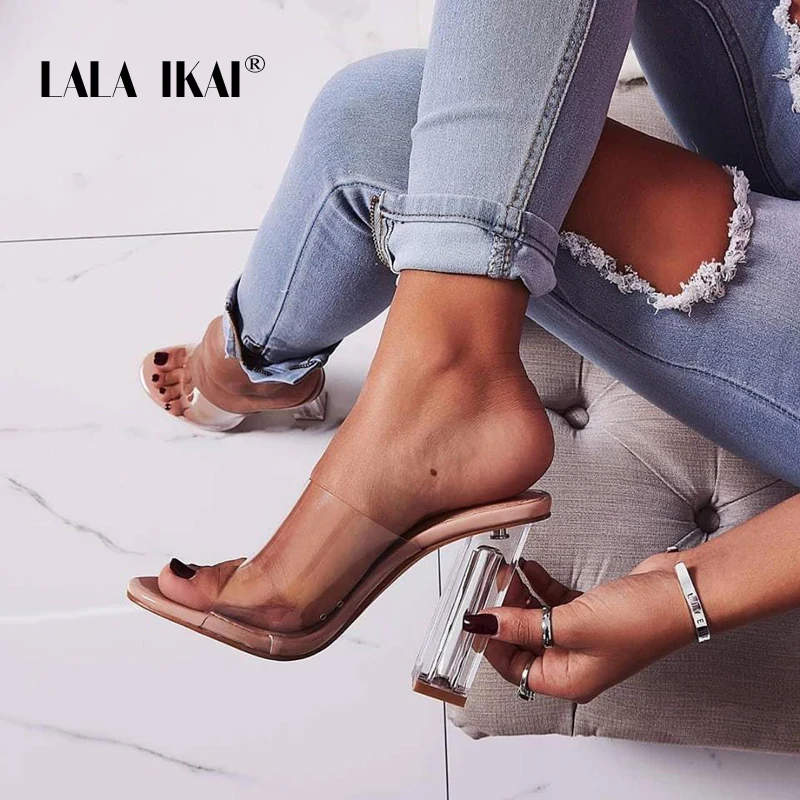 LALA IKAI/прозрачная обувь; босоножки; женская обувь на высоком каблуке; летняя обувь для вечеринок; обувь из ПВХ без шнуровки на квадратном каблуке; Sandalie; женская обувь; 014C3507-4