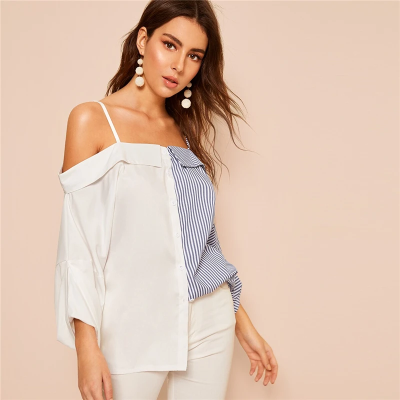 SHEIN Рубашка С Контрастным Полосатым Принтом И Открытыми Плечами Женские Весенние Многоцветные Богемные Блузки