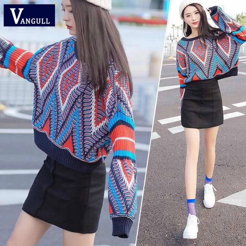 Vangull Argyle красочный Женский вязаный свитер осень зима мода длинный рукав o-образный вырез пуловеры повседневные свободные короткие свитера