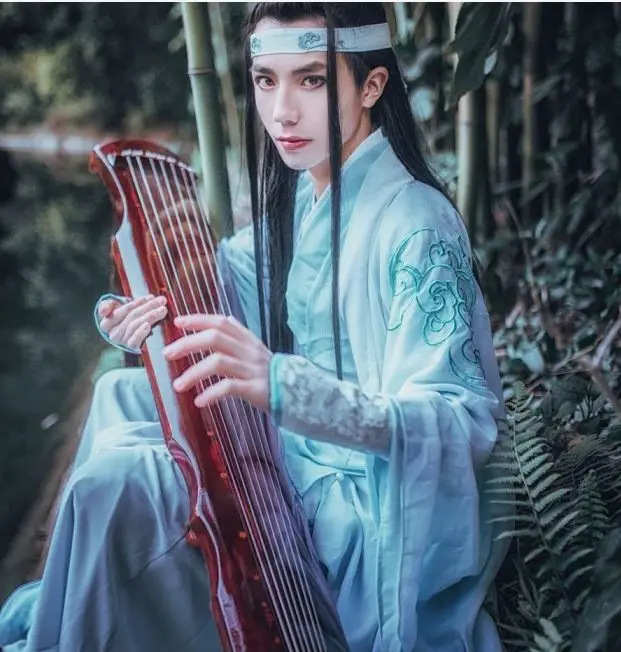 Lan Wangji белый синий костюм с вышивкой мужской косплей Hanfu для аниме основатель диаболизма Древний китайский учёный Hanfu