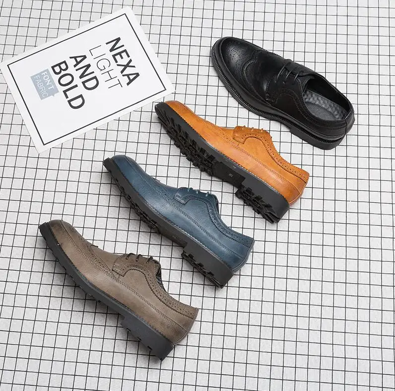 

Plus Size48 Pointed Toes Shoes Men Lace-Up Platform Smart Casusl Carved Chunky Heel Brogue Male Dress Height Increasing Shoes