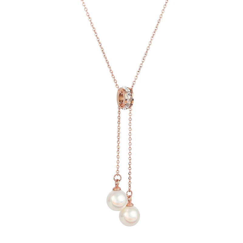 

YUN RUO New Arrival Rose Gold Color Fashion Zircon Crystal Pearl Pendant Necklace Titanium Steel Jewelry Woman Gift Never Fade