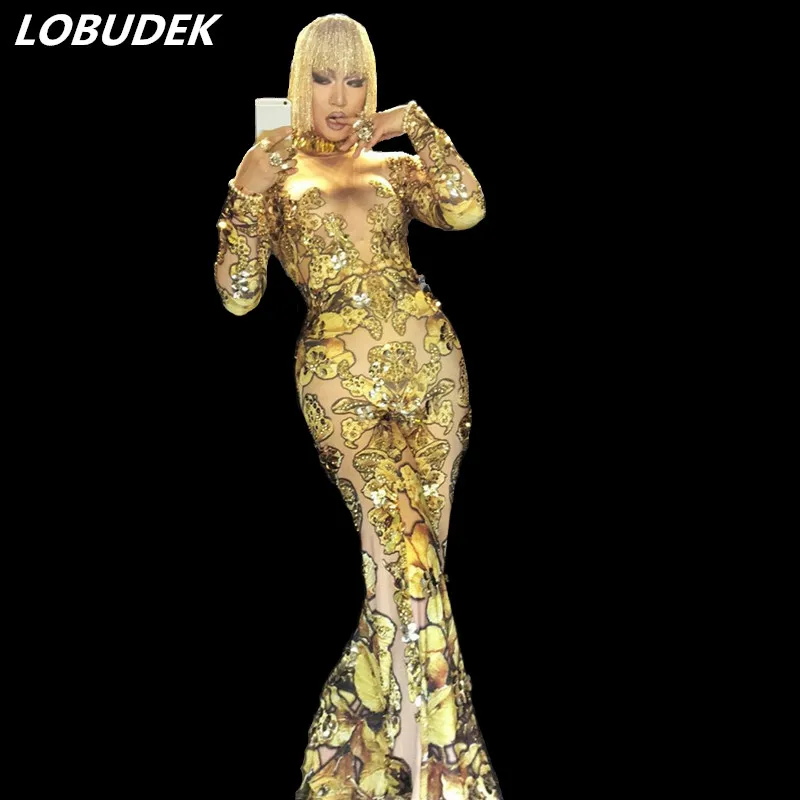Golden yellow Crystals Boot Cut Jumpsuits Female costumes DJ DS show sexy Leotard Rompers Bar singer dancer performance clothing