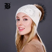flb knitting wool hats 2018 raccoon fur pom pom bobble hats women skullies beanies warm autumn cap winter hat femaleflbmx17013