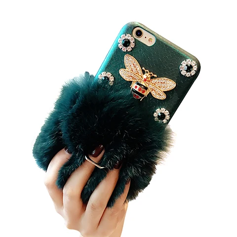Роскошный мех кролика чехол для iPhone X XS MAX XR 6 6S 7 8Plus 11 Pro MAX Ring Bracket Stand Case Furry Shell TPU плюшевый чехол для телефона - Цвет: 4