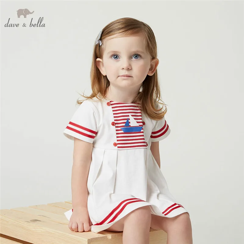 DB4895 dave bella summer baby girls white dress sailboat printed sweet kids toddle preppy style costumes | Детская одежда и обувь