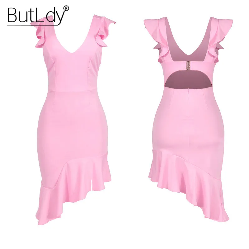 

2019 Spring Summer Bodycon Trumpet Dress Women Ruffles Sleeveless Irregular Midi Dress Backless V Neck Sexy Party Club Dresses