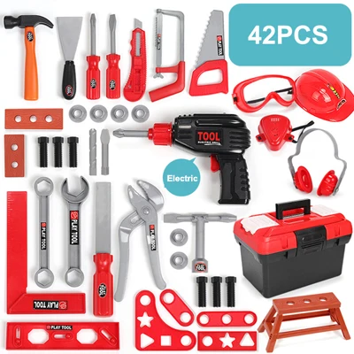 42pcs set Садовый инструмент, ролевые игры, ремонтные игрушки с коробкой, электрическая дрель, гайка, пила, разборка, инструмент для моделирования, сборочные игрушки для детей - Цвет: 42pcs set