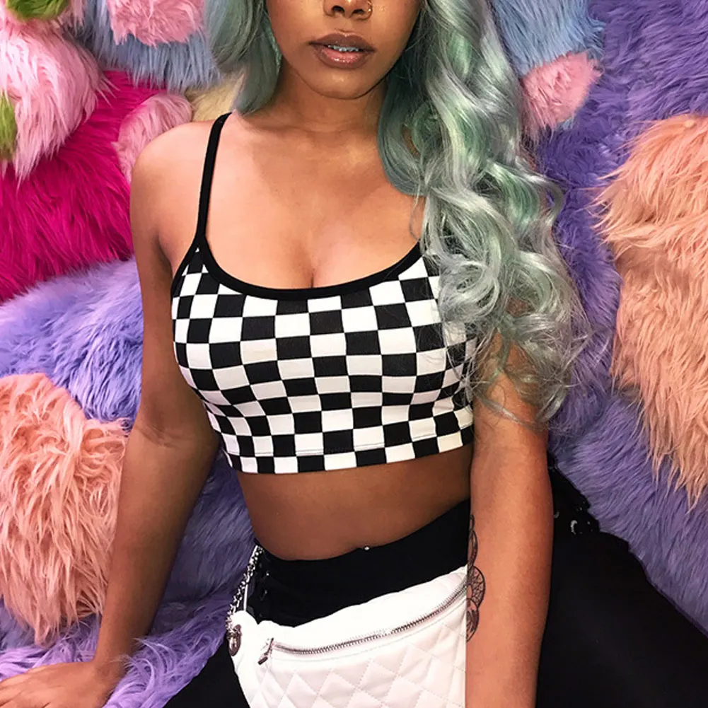 Топ женский облегающий клетчатый без рукавов пикантная уличная одежда