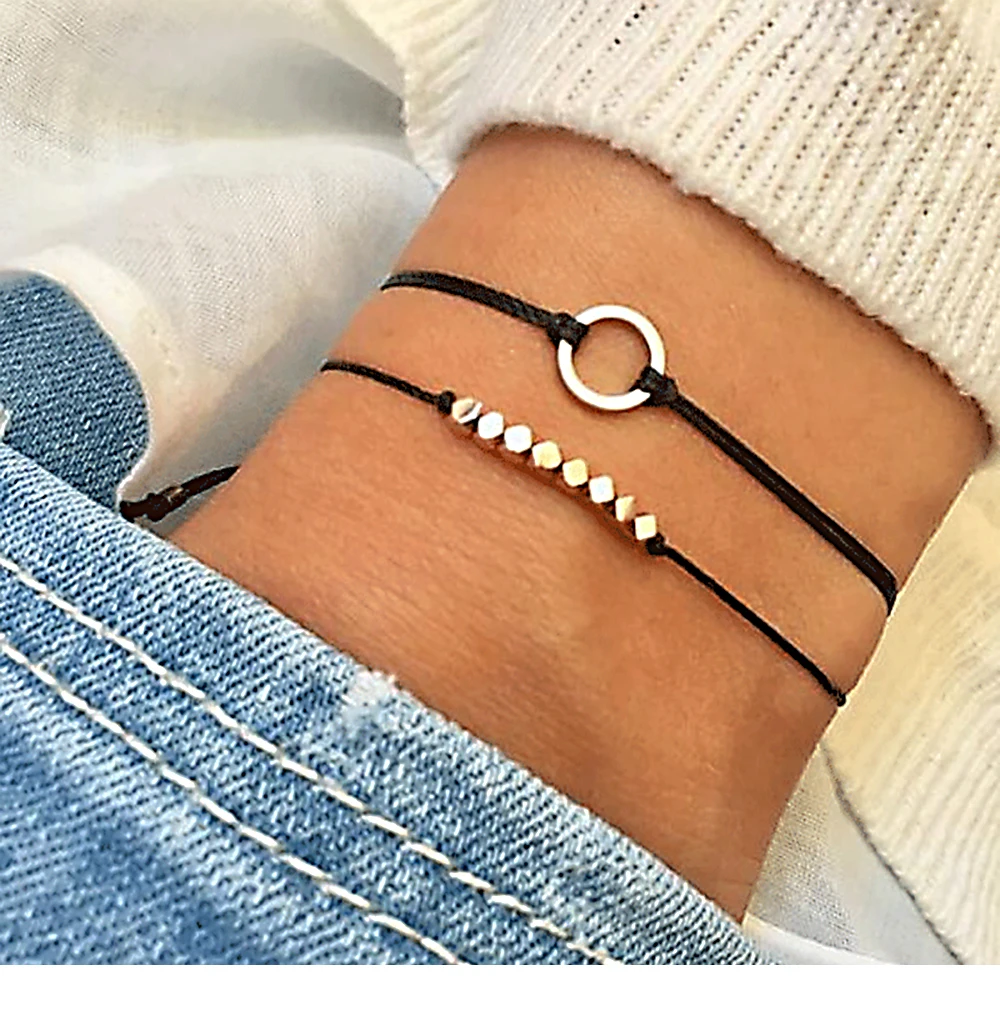 2 шт./компл. Boho в виде геометрических фигур Многослойные Браслеты для Женская веревочная цепочка золотой кулон ювелирный браслет-манжет Рождественский подарок год Рождество