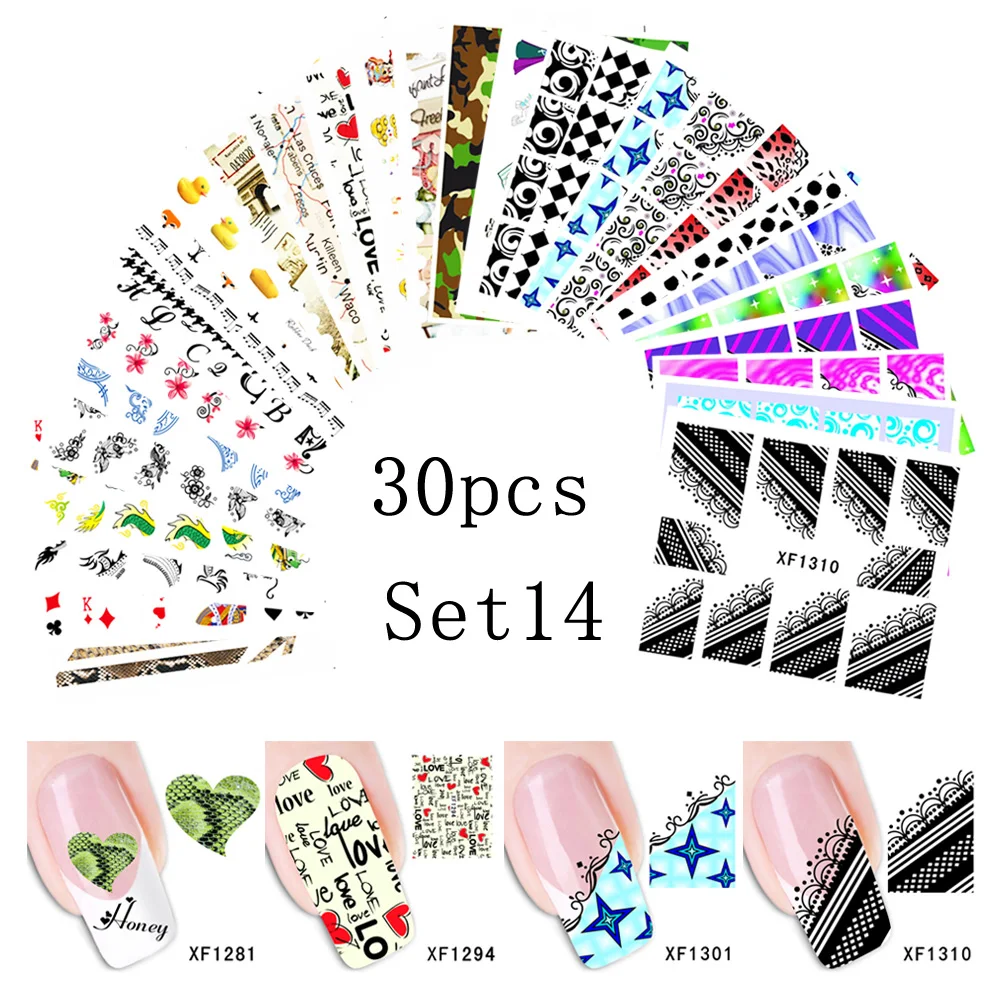 SET 14 AddFavor 30 шт. наклейка на ногти Водная передача Цветочные наклейки для дизайна ногтей s татуировки наклейки для ногтей украшения маникюрные инструменты - Цвет: SET 14