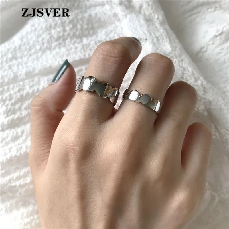ZJSVER Korean Jewelry 925 Sterling Silver Rings Simple Unique Design Geometry Round Connect Wave Adjustable Women Ring For Gift | Украшения