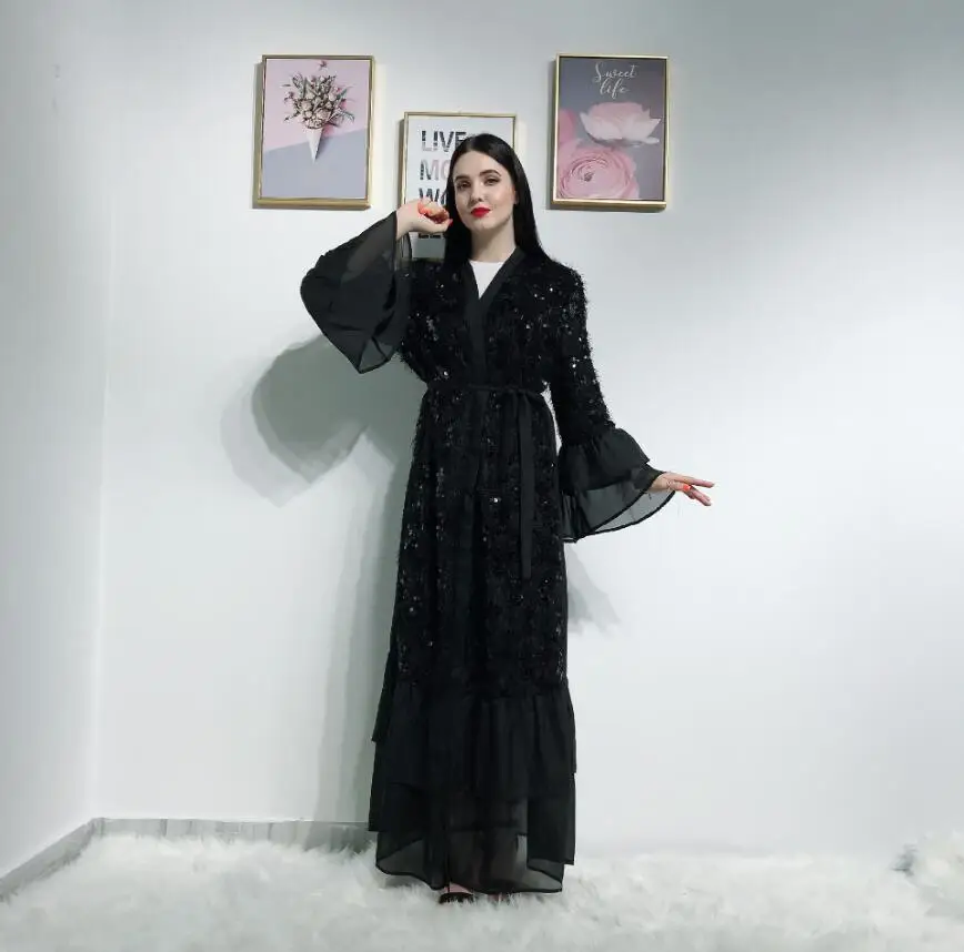 Мода Дубай блёстки Абая для женщин роскошное мусульманское Макси caftan открытое переднее арабское турецкое исламское платье Абая Дамская одежда