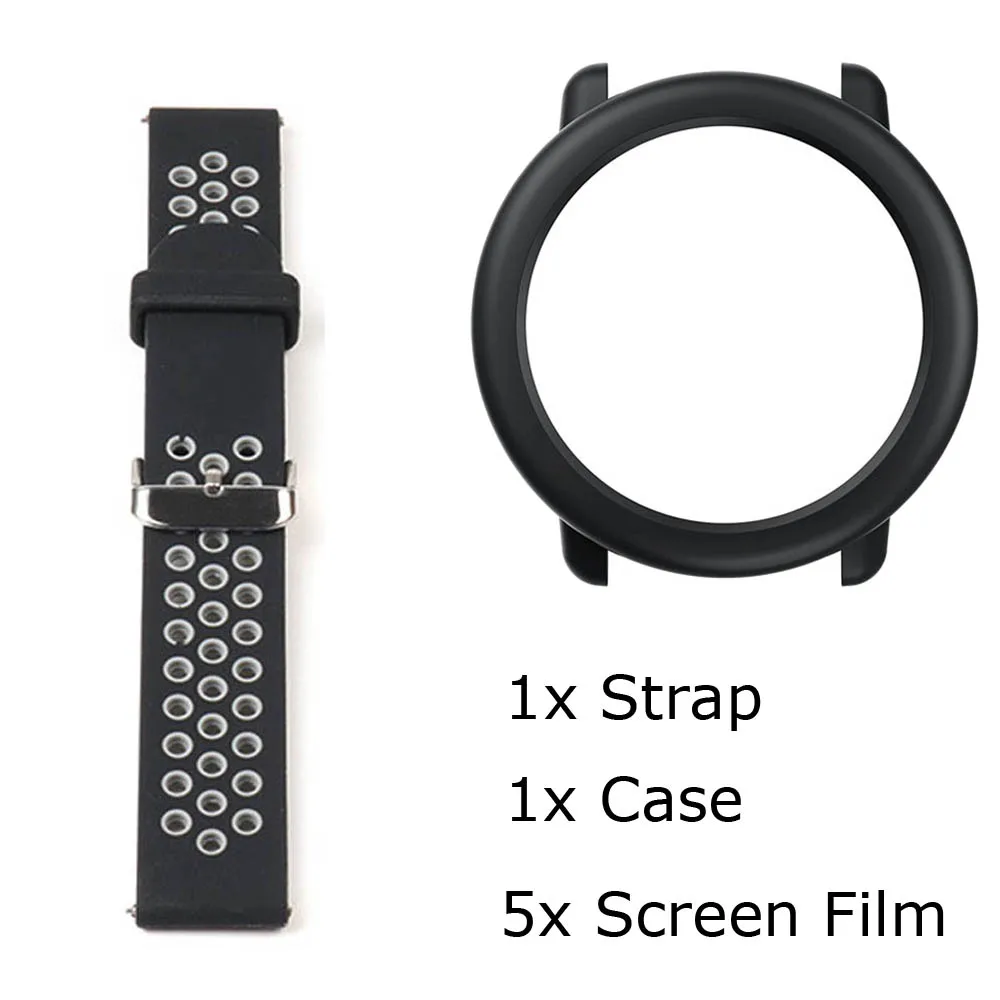 BlackGrey-Black Case 7/лот для Xiaomi Huami Amazfit Pace ремешок для часов браслет силиконовый Pulsera Correa Защитная пленка для экрана Pantalla - Цвет: BlackGrey-Black Case