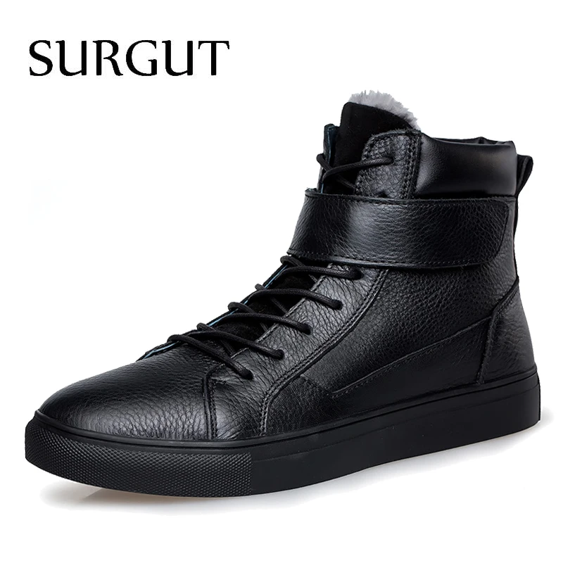 01 Black with Fur SURGUT/Лидер продаж; брендовая зимняя рабочая обувь; удобные мужские плюшевые теплые ботинки из натуральной кожи; высокие кроссовки; большие размеры 36-48 - Цвет: 01 Black with Fur