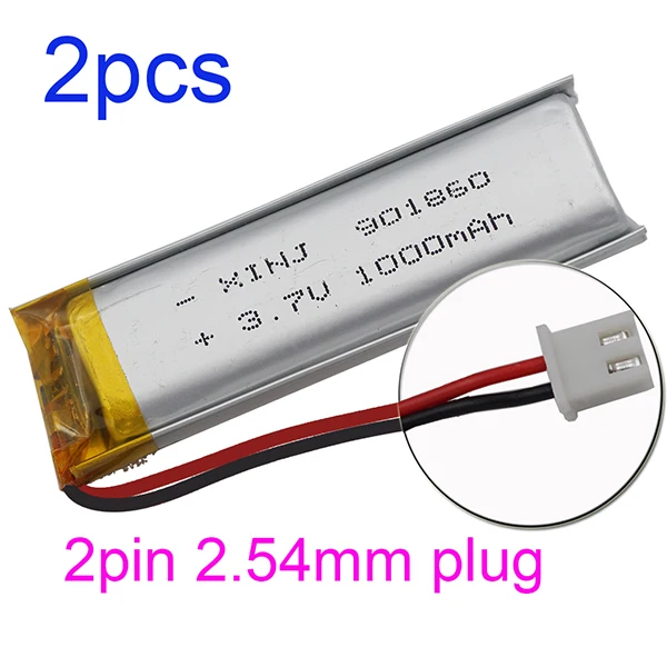 2pin 2.54mm plug XINJ 2 шт. 3,7 в 1000 мАч li ion аккумулятор литий-полимерный Батарея 2pin 1,0/1,25/1,5/2,0/2,54 мм разъем для Камера навигации bluetooth телефон 901860 - Цвет: 2pin 2.54mm plug