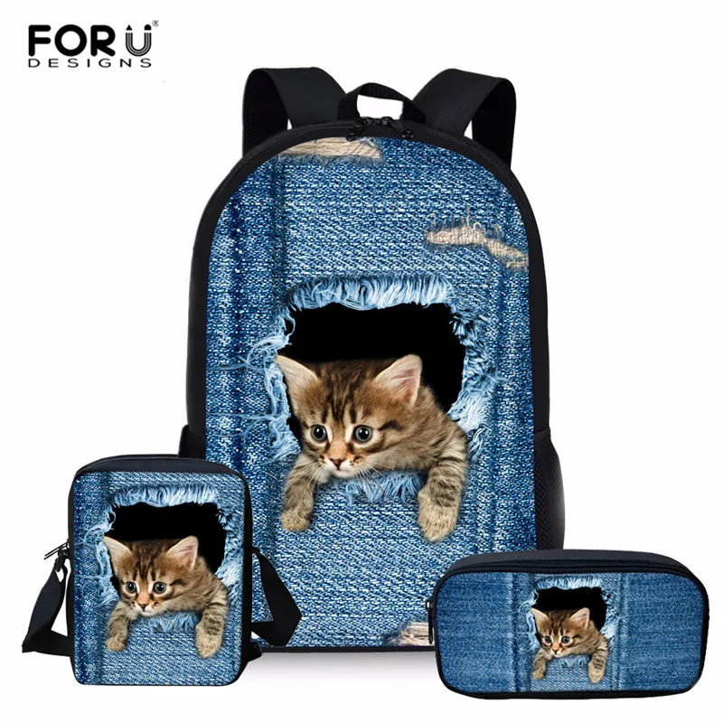 

Комплект школьных сумок FORUDESIGNS из 3 предметов, Детские рюкзаки для девочек и мальчиков из денима с принтом кошки, сумки для маленьких детей