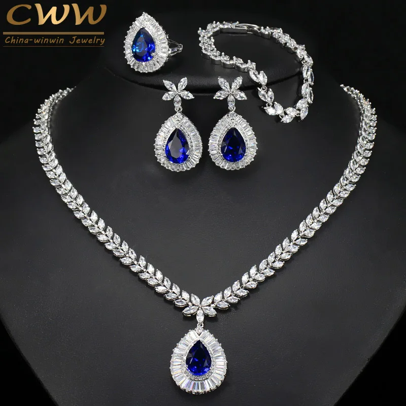 CWWZircons капли воды Королевский синий CZ ожерелье серьги кольцо и браслет 4 шт. свадебный набор украшений для женщин Свадебные вечерние T098 - Окраска металла: 4 pcs set