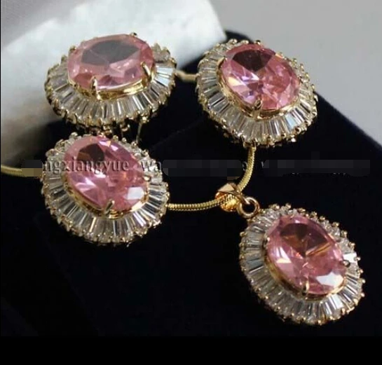 

Free shipping@@@@@Faceted Pink Crystal Earrings / Ring / Necklace Pendant Set AAA