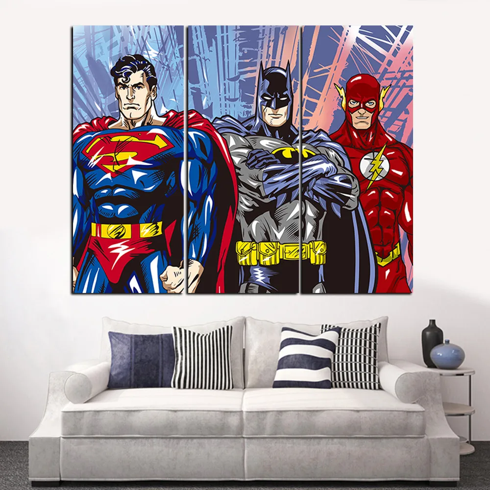 Прямая доставка 3 шт. холсте стены искусства абстрактный Супермен вспышки Бэтмен
