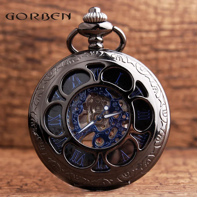 Retro Black Flower Hollow Mechanical Pocket Watch For Mens Steel Steampunk Unique Womens Mens FOB Chain Pocket Watches Gifts Box