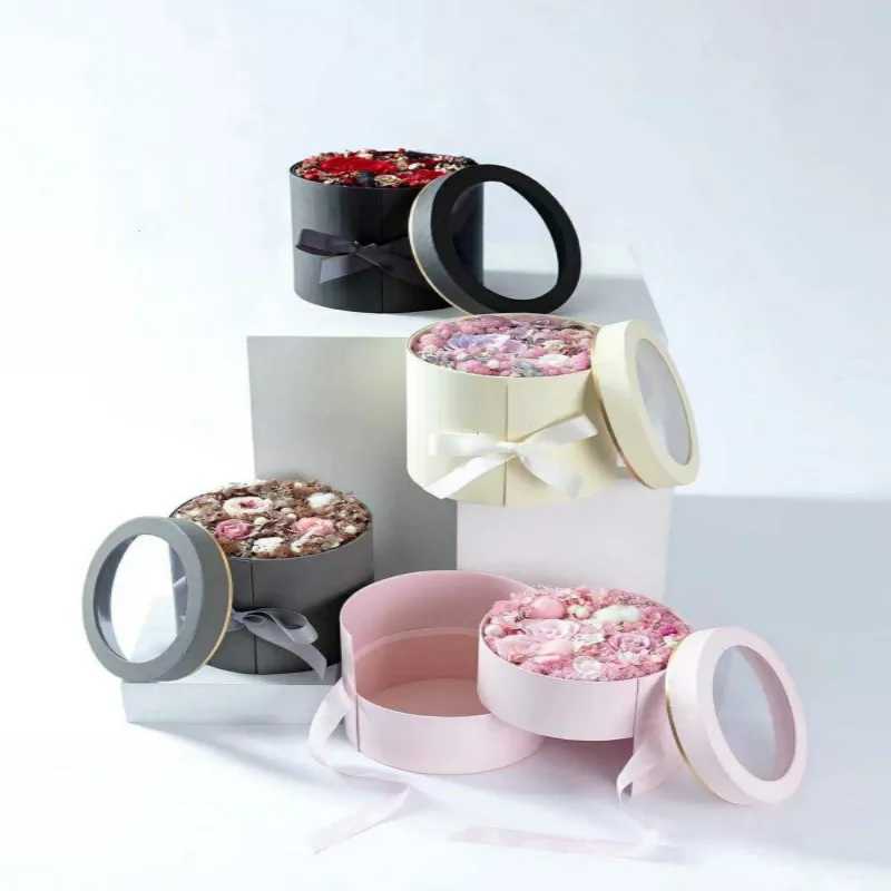 

Double Layer Round Flower Paper Boxes with Ribbon Rose Bouquet Gift Packaging Cardboard Box Valentine's Day Wedding Decoration