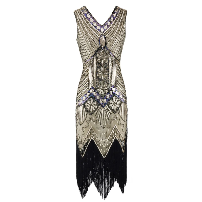 

Vintage 1920s Flapper Great Gatsby Dress 2018 Summer Fancy Costumes V-Neck Cap Sleeve Sequin Fringe Party Midi Dresses