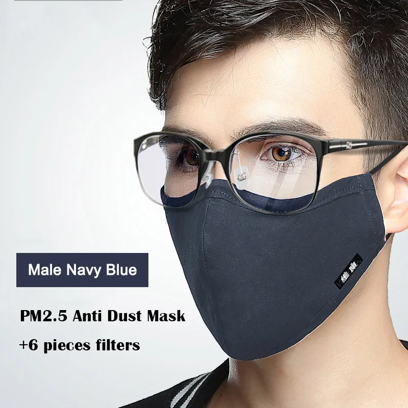 Male Navy Blue 1 шт. грипп респиратор KN95 Kpop хлопок Анти-пыль рот маска для мужчин и женщин пылезащитный рот-Муфельная черная маска с 6 фильтрующей тканью - Цвет: Male Navy Blue