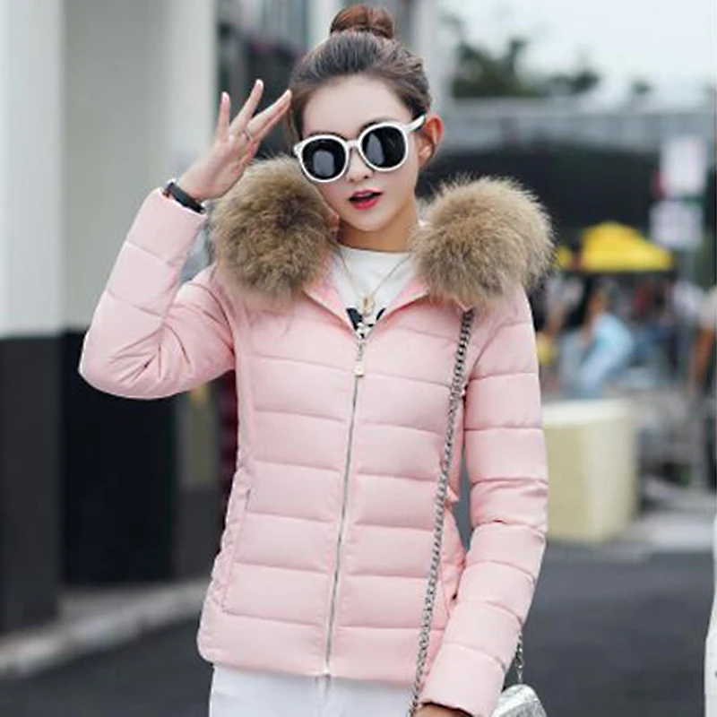 pink Parkas Зимнее пальто, женская парка с капюшоном, тонкий меховой воротник, хлопковые куртки, пальто для женщин, теплая черная короткая женская куртка, верхняя одежда размера плюс - Цвет: pink Parkas