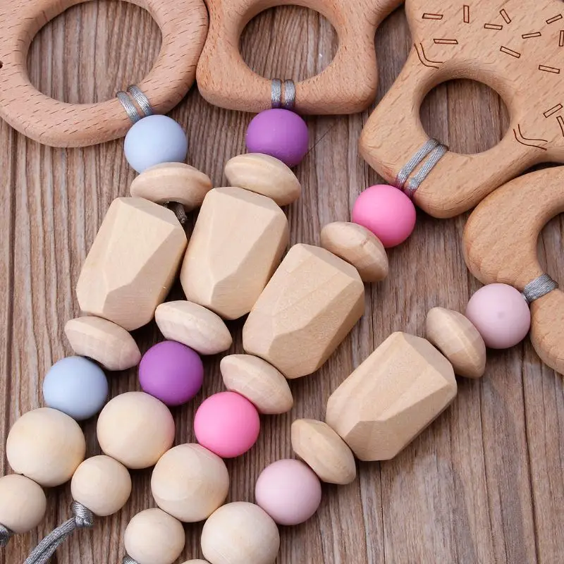 

Baby Wooden Animals Teether Rattle Chewable Silicone Beads Play Gym Stroller Toy Nursing Pendant Charms Teething Toys
