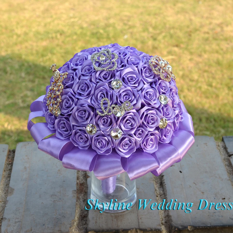 

Новые великолепные алмазные свадебные цветы светильник-фиолетовый Шелковый Свадебный букет подружки невесты, искусственный кристалл, сва...