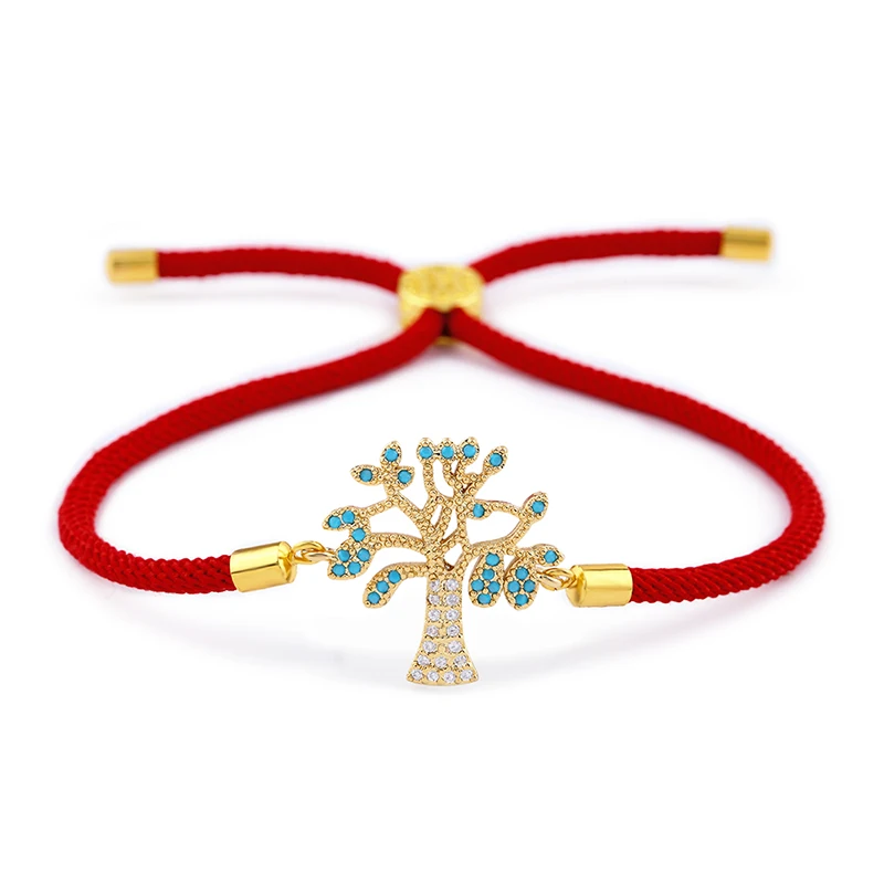 Gold ( Red Rope) Браслет с циркониевым деревом жизни, граница камней CZ, регулируемые красные черные браслеты с подвесками для женщин, счастливые ювелирные изделия brt-b04 - Окраска металла: Gold ( Red Rope)