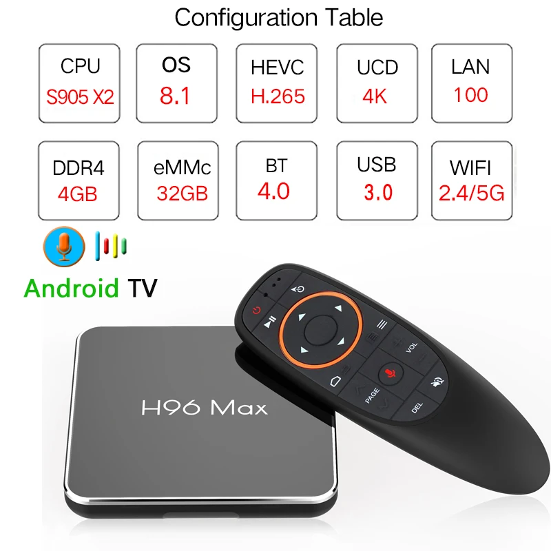 ТВ-приставка H96 Max Android 8 1 Amlogic S905X2 LPDDR4 Четырехъядерный 4 Гб 64 2 ГГц и 5 Wifi BT4 100 м H.265 k