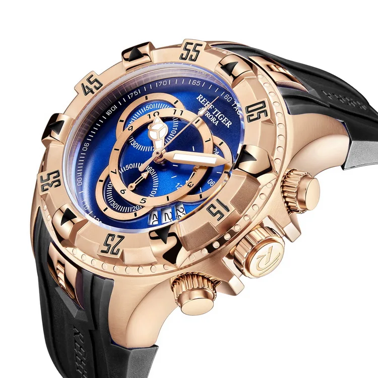 Reef Tiger Aurora Serier RGA303-2 мужские спортивные большие часы водонепроницаемые кварцевые наручные часы с хронографом большой циферблат-розовое золото