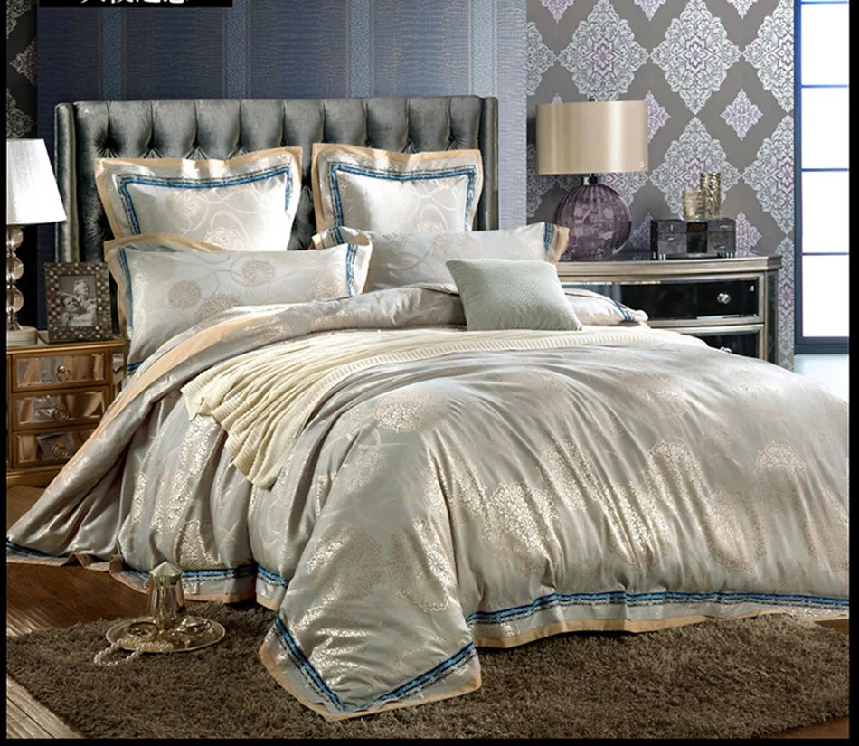 vender Conjuntos De Cama De Luxo De Cetim Jacquard Bordado Jogo De Cama De Casal Queen Rei Capa De Edredão Conjunto De Folhas De Cama Fronha 4/6 Pcs De Ouro Cinza