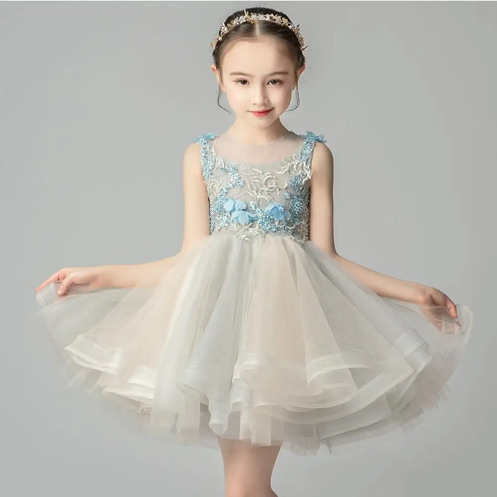Girls Applique Sweet Dress Beads O-neck Christmas Dresses Lace Children Communion Gowns Mesh Sleeveless Sequins Ball Gown - Цвет: as picture show