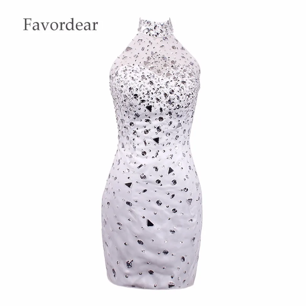 Favordear New Sexy Sheer Back Homecoming Dress Silver Stones Prom Dresses High Neck Sparkly Beading White Cocktail | Свадьбы и