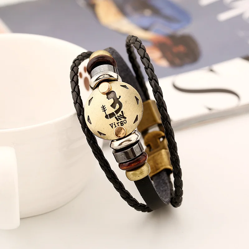 Jewelry Virgo Genuine Leather Bracelet Male 12 Zodiac Horoscope Men Women Friendship Bracelets & Bangles | Украшения и