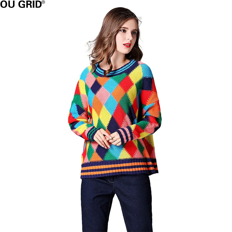 Women Colorful Plaid Sweater Pullovers 2017 Autumn Long Sleeve O-neck Fashion Bottom Casual Jumper New Arrival | Женская одежда
