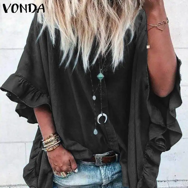 VONDA, женская блузка, на каждый день, с отворотом, на шее, пуговицы, половина рукава, с рюшами, блуза, сексуальная туника, для офиса, для девушек, рубашки размера плюс, топы, 5XL
