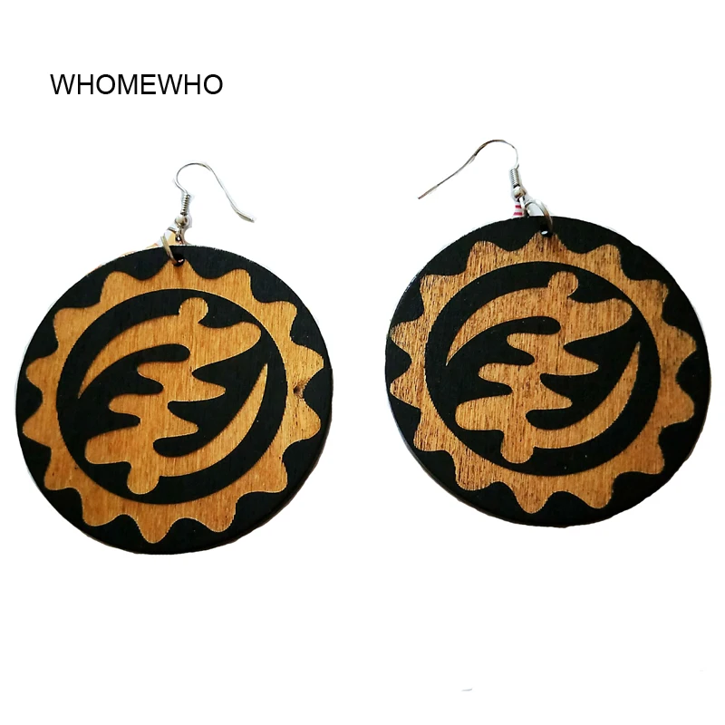 

2019 Wood Africa Traditional Engraved Totem Sunflower Round Tribal Vintage Drop Earrings Wooden African Bohemia Afro Ear Jewelry