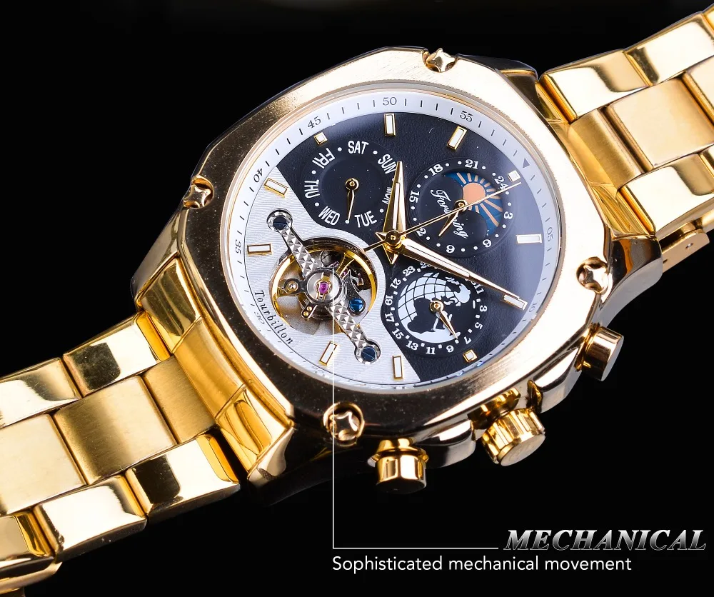 Forsining Grand, золотые автоматические часы, турбийон, Moonphase, мужские механические часы с календарем, стальные ремни, наручные часы, Relogio