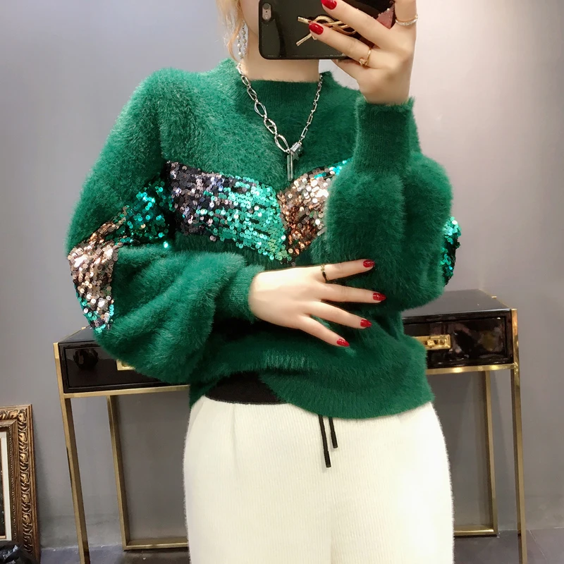 Overseized Mohair Sweater Women 2018 Autumn Winter Warm Rabbit Hair Glitter Patchwork Batman Sleeve Thick Loose Pullover | Женская