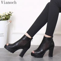 fashion new womens platform pumps summer high heels peep toe thick heels shoes black lady aa0859
