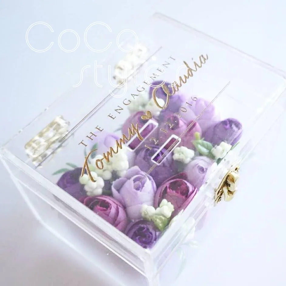 Cocostyles bespoke пустой прозрачный акриловое кольцо-держатель коробка с золотой гравировкой логотип для газона свадебное кольцо коробка