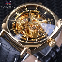 forsining 2018 creative watch waterproof luxury golden skeleton mechanical watches black genuine leather mens wristwatches clock