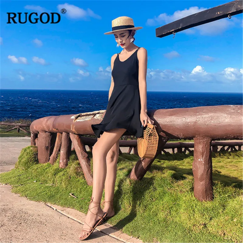Женское платье на бретельках RUGOD черное пляжное мини-платье с открытой спиной и