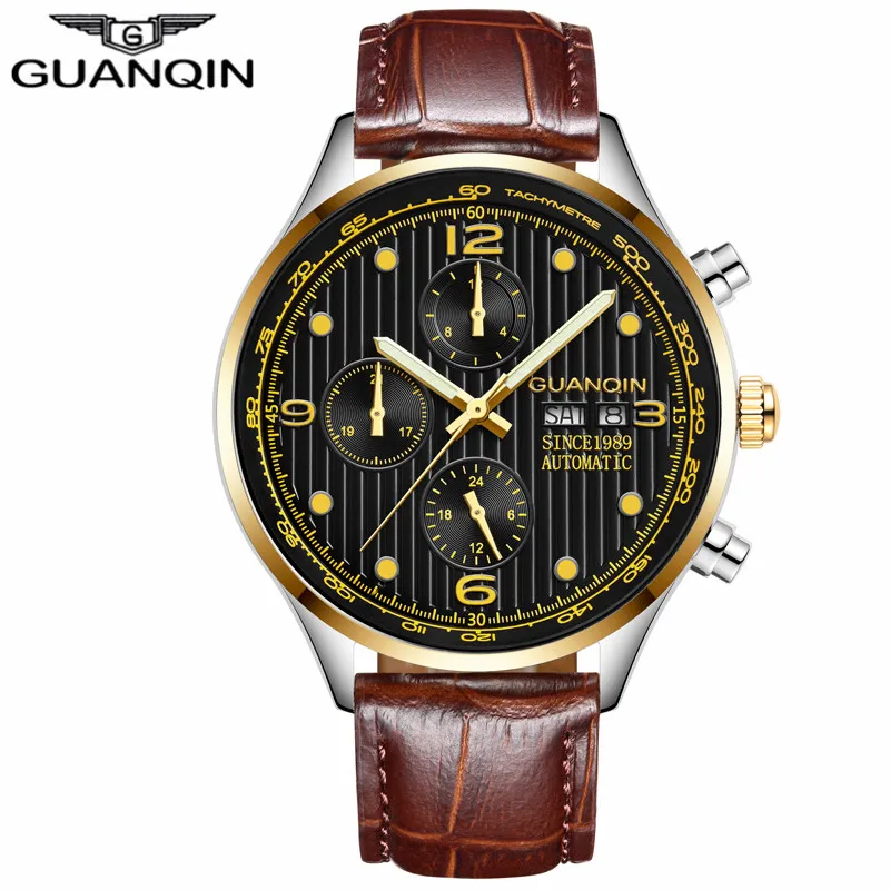 Brown Gold Black GUANQIN Роскошные брендовые классические мужские автоматические Дата светящаяся часы мужские модные повседневные часы с кожаным ремешком водонепроницаемые механические часы - Цвет: Brown Gold Black