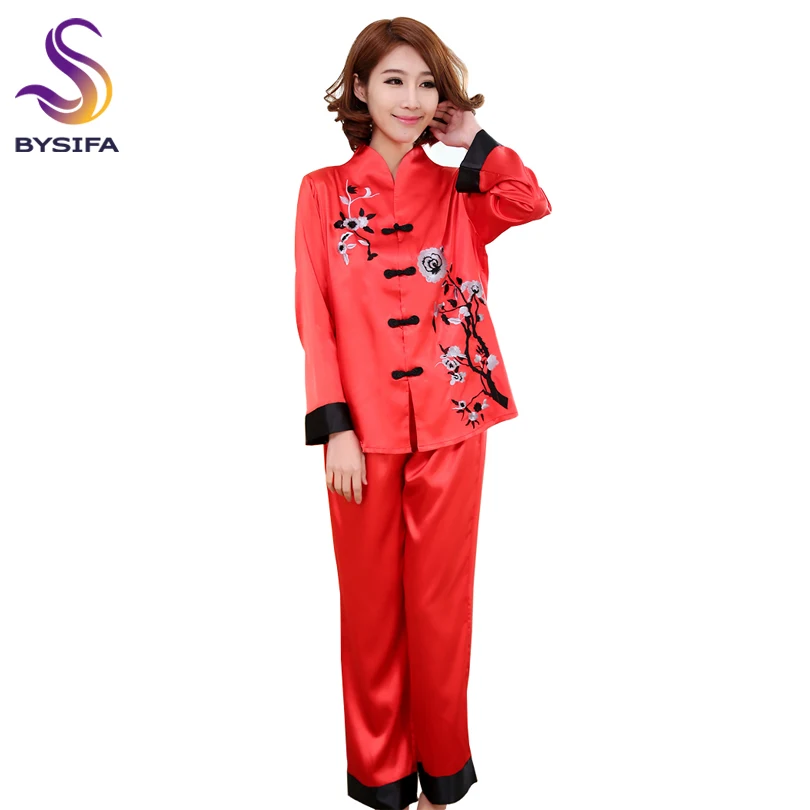 

BYSIFA Chinese Style Women Long Pajamas Sets Red Embroidery Peony Silk Pajamas Spring Autumn Lounge Sleepwear New Nightgowns