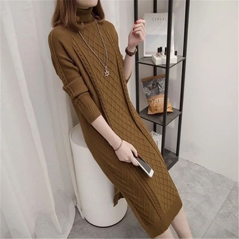 New Fashion Autumn Winter Women Knitting Middle Long Dresses Female Turtleneck Long Sleeve Warm Thick Dresses Pullovers F15